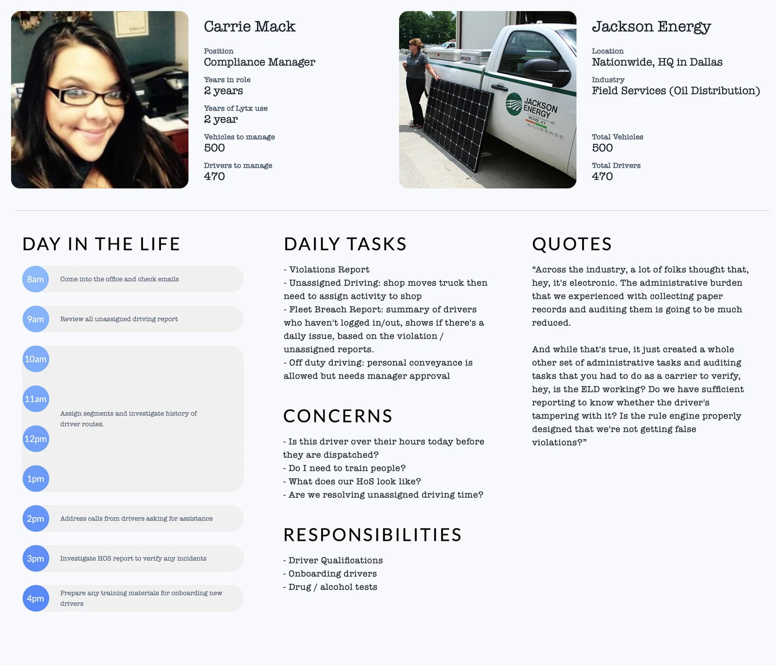 Compliance manager: Daily auditing work, unassigned driving, reporting, and support for drivers.