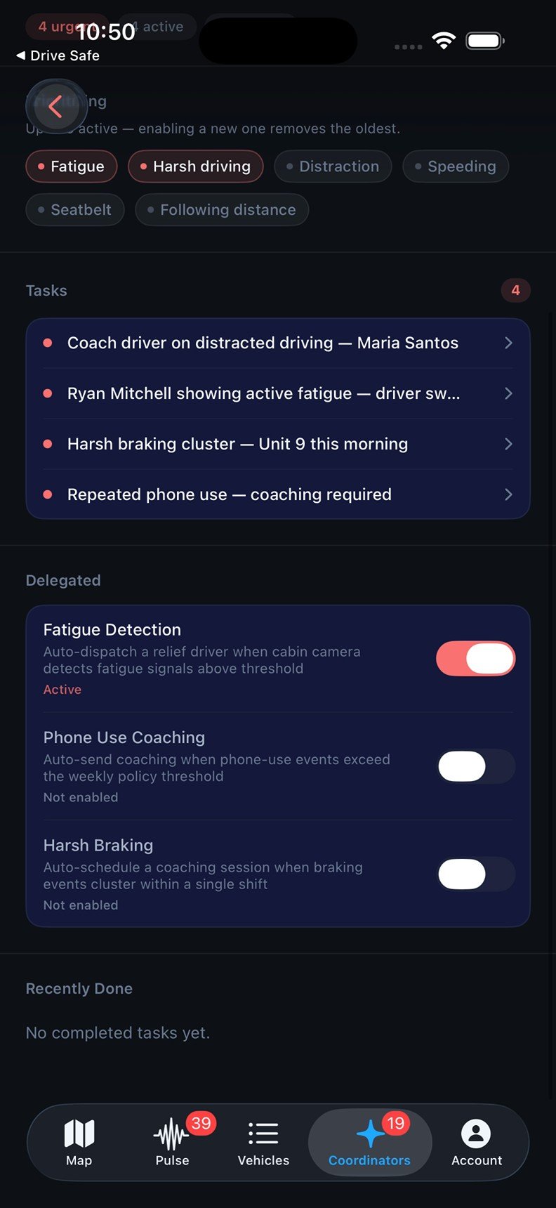 Risk Analyst delegation settings with Fatigue Detection enabled and other behaviors disabled.