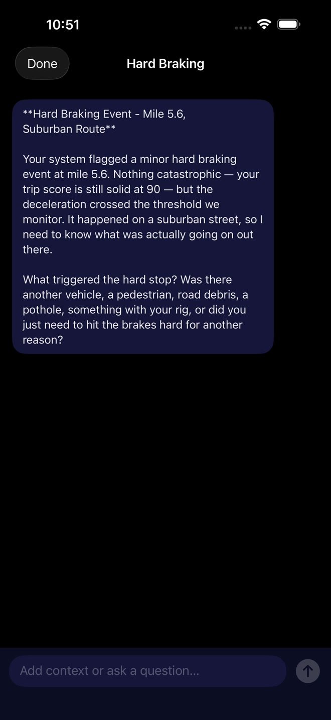 AI debrief asking the driver what caused a hard-braking event at mile 5.6.