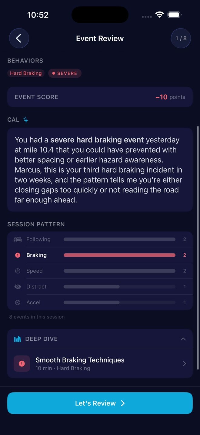 Coaching Event Review with a hard-braking explanation, session behavior pattern, and related learning module.