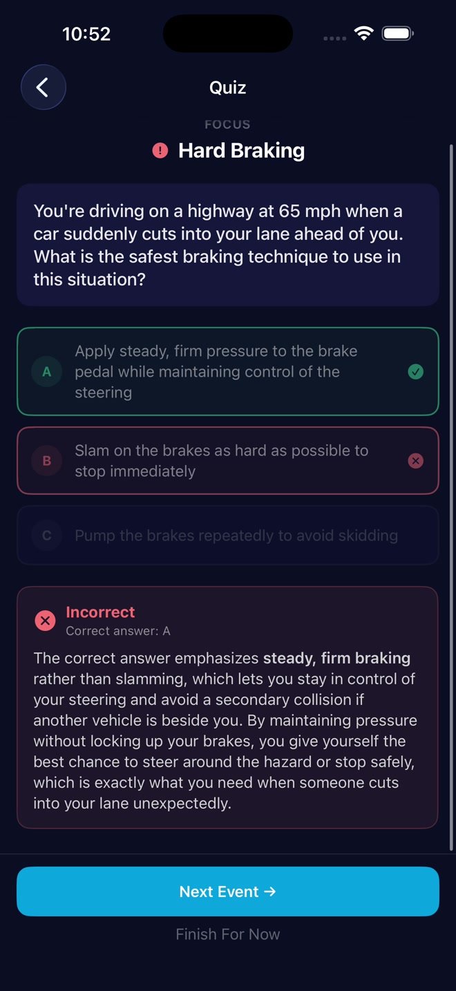 Hard-braking quiz showing the selected incorrect answer, the correct option, an explanation, and Next Event.