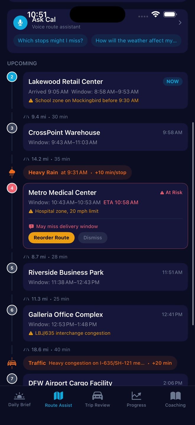 Route Assist showing stop windows, rain, a delivery at risk, and Reorder Route and Dismiss controls.