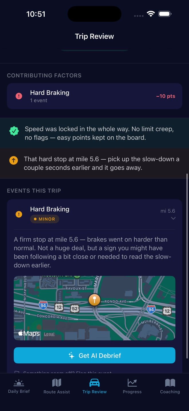 Trip Review explaining a hard-braking event with score contribution, location map, and Get AI Debrief control.