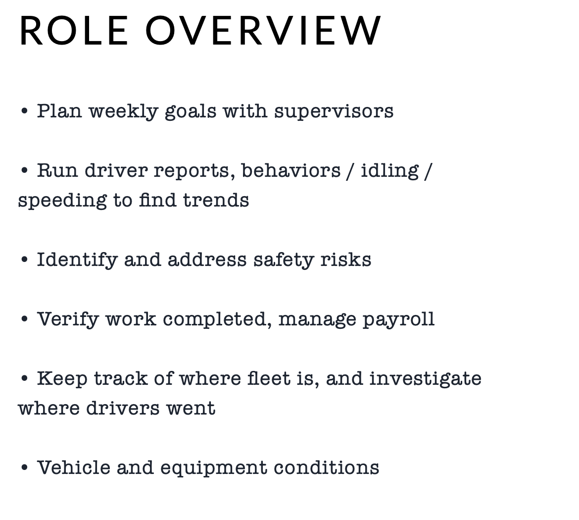 Fleet operations persona role overview: plan weekly goals with supervisors; run reports to find behavior, idling and speeding trends; address safety risks; verify work and manage payroll; track the fleet; monitor vehicle and equipment conditions.