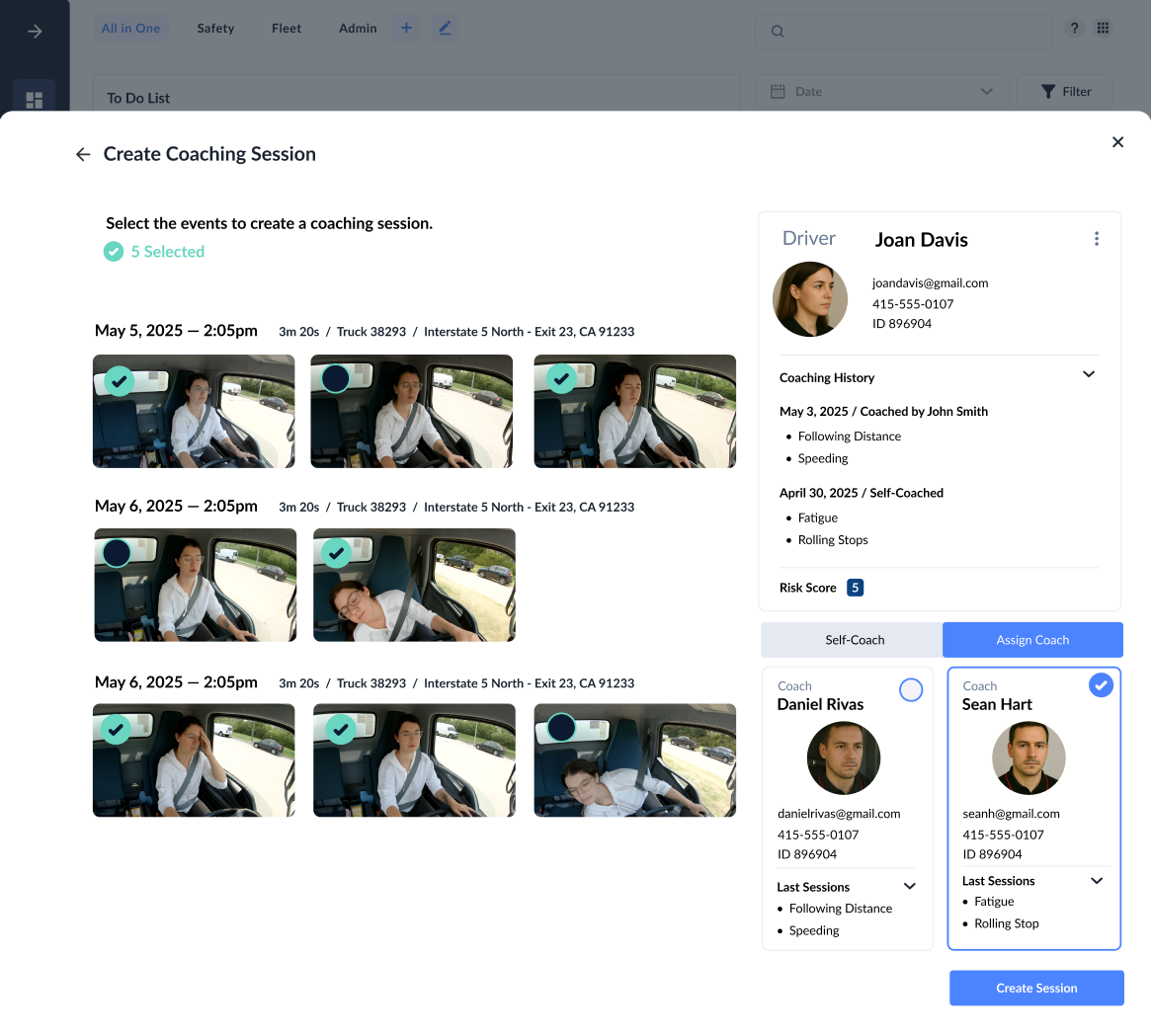 Create Coaching Session concept with selected event examples, coaching history and an assigned coach selection.