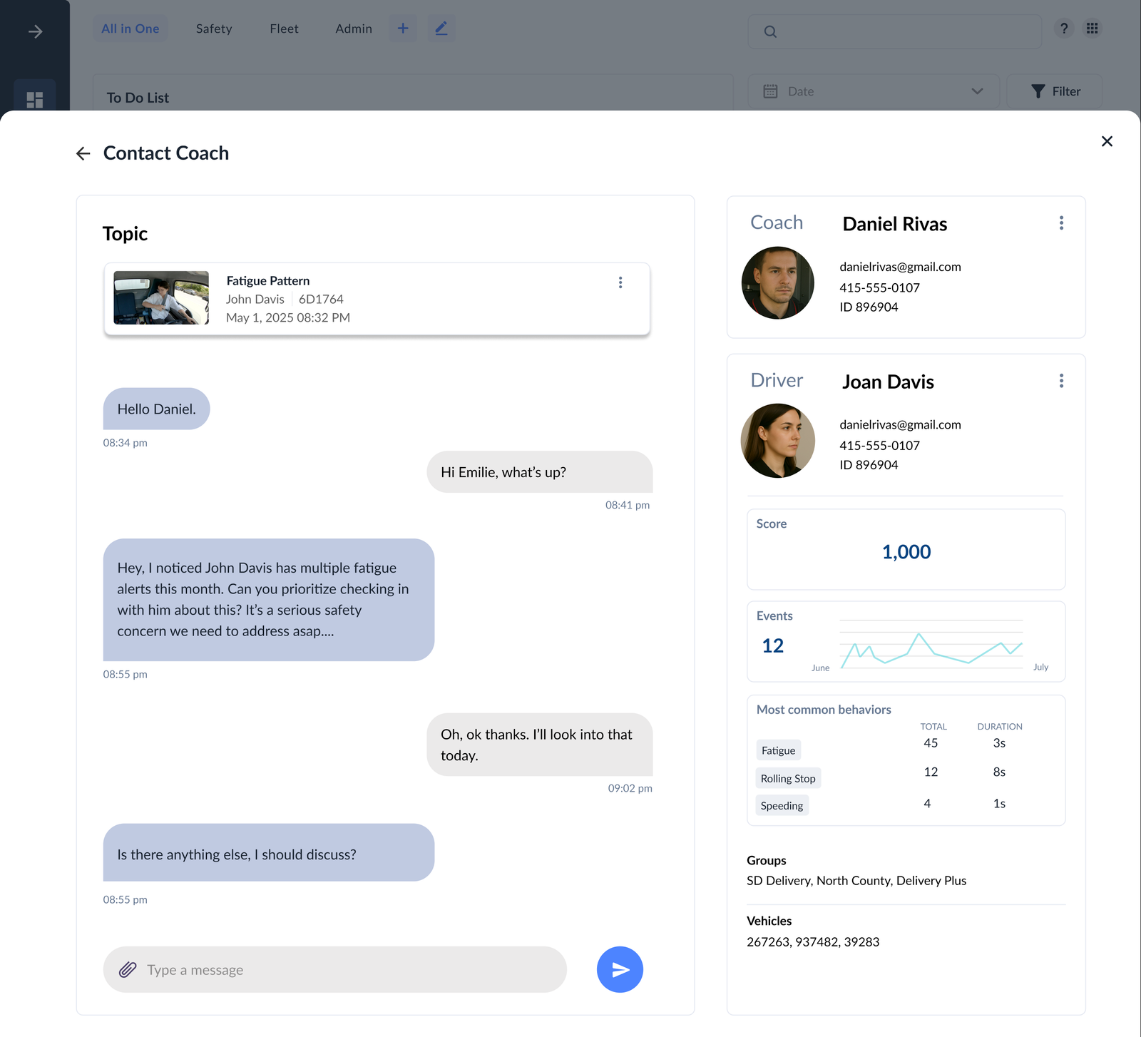 Contact Coach concept with a fatigue topic above the conversation and a driver summary alongside it.