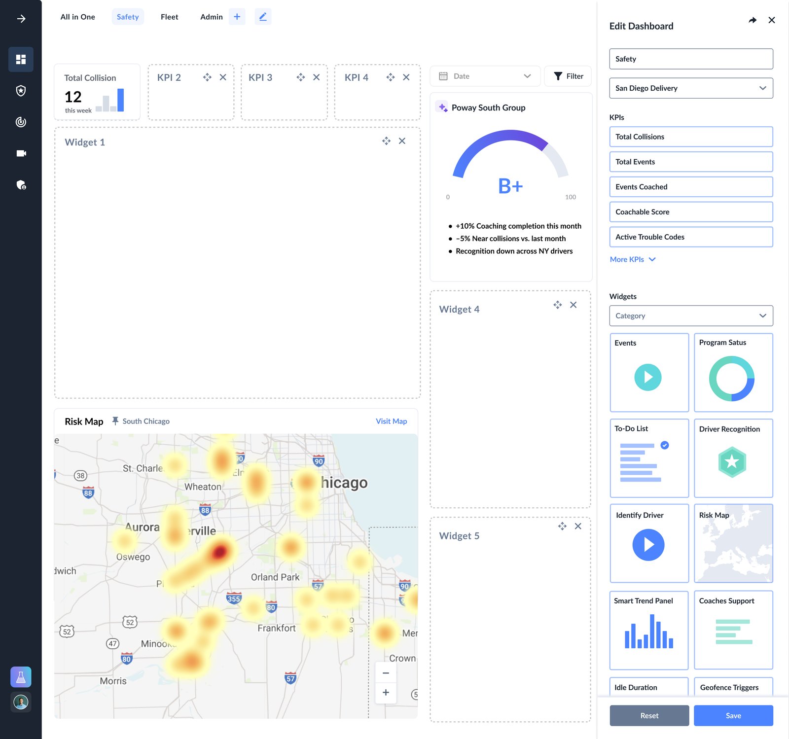 Dashboard edit mode with movable KPI and widget areas, a group selector, and a library containing a risk map, to-do list and driver recognition.