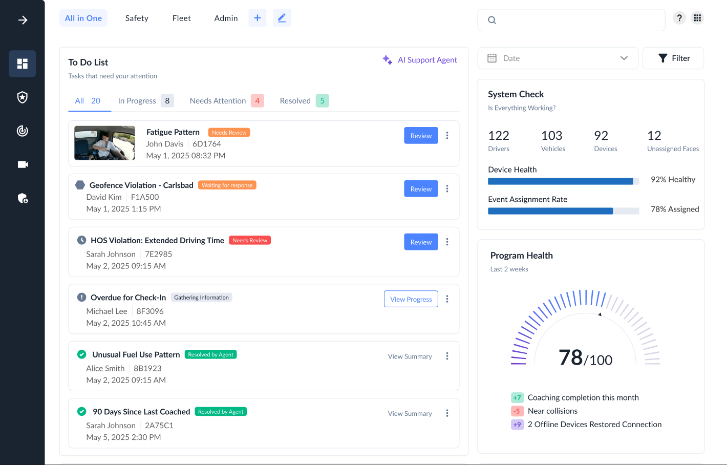 Proposed All in One dashboard with a task list beside system checks and program health.