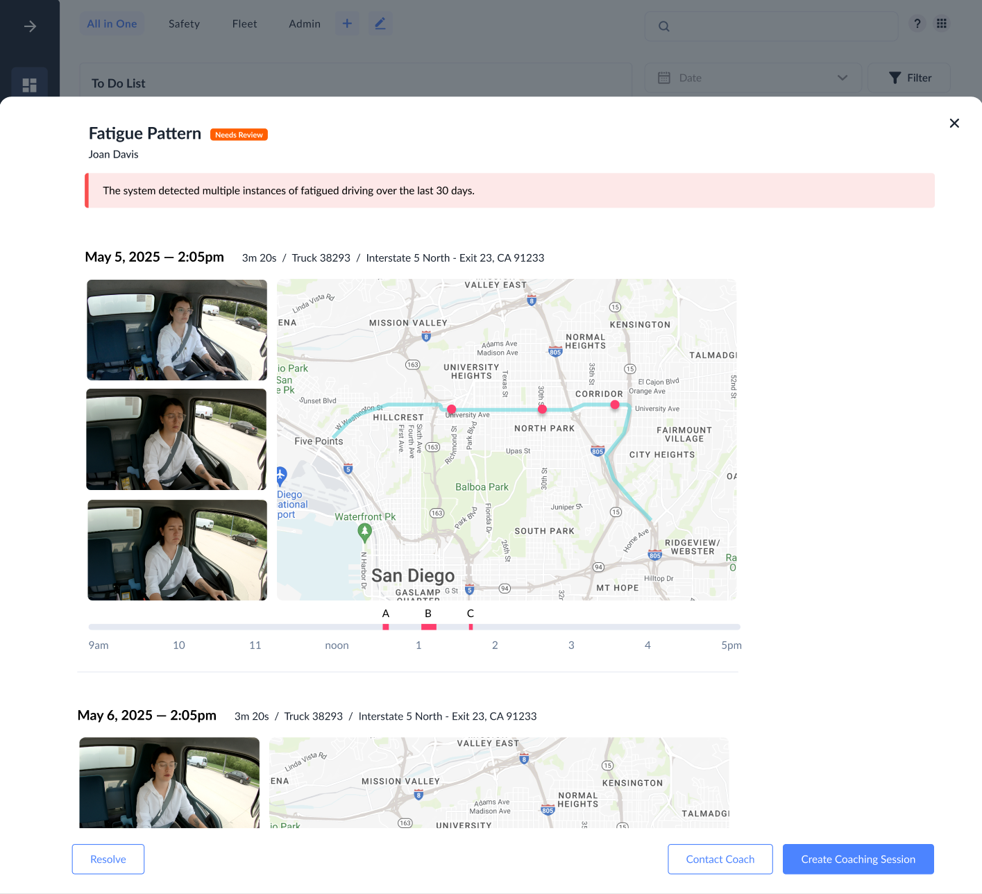 Fatigue Pattern review with event stills, map locations, a timeline, and Contact Coach and Create Coaching Session actions.