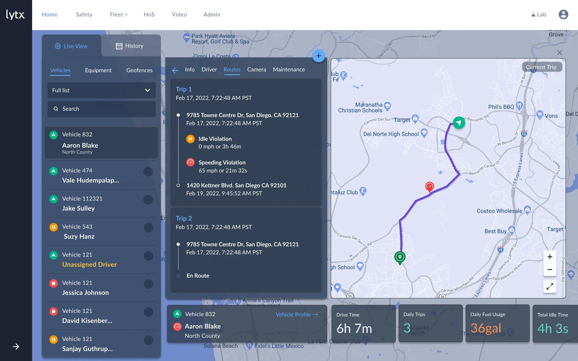 Selected vehicle trip history beside a route map and driver metrics.