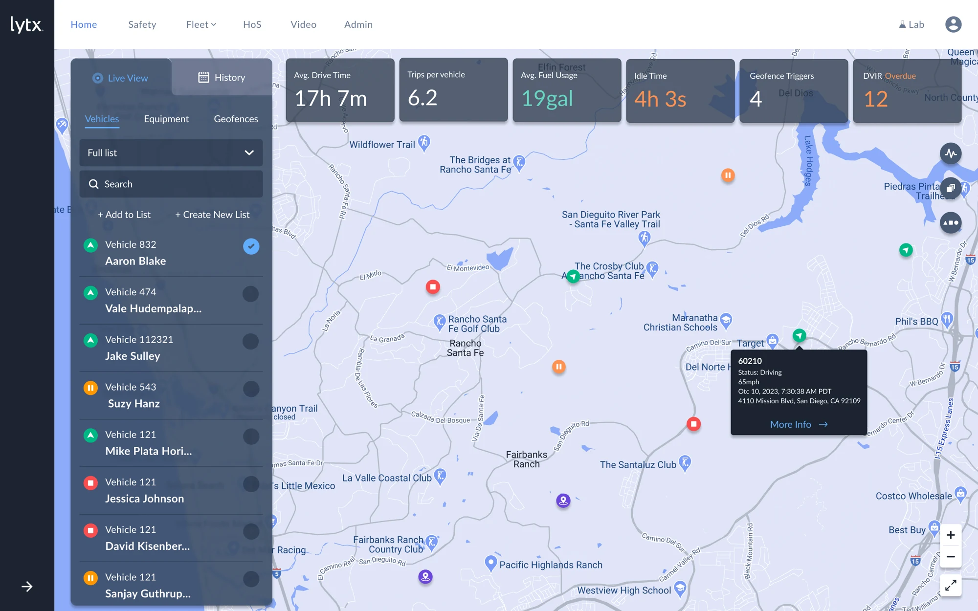 Fleet map with a vehicle list, colored location markers, and operational metrics.