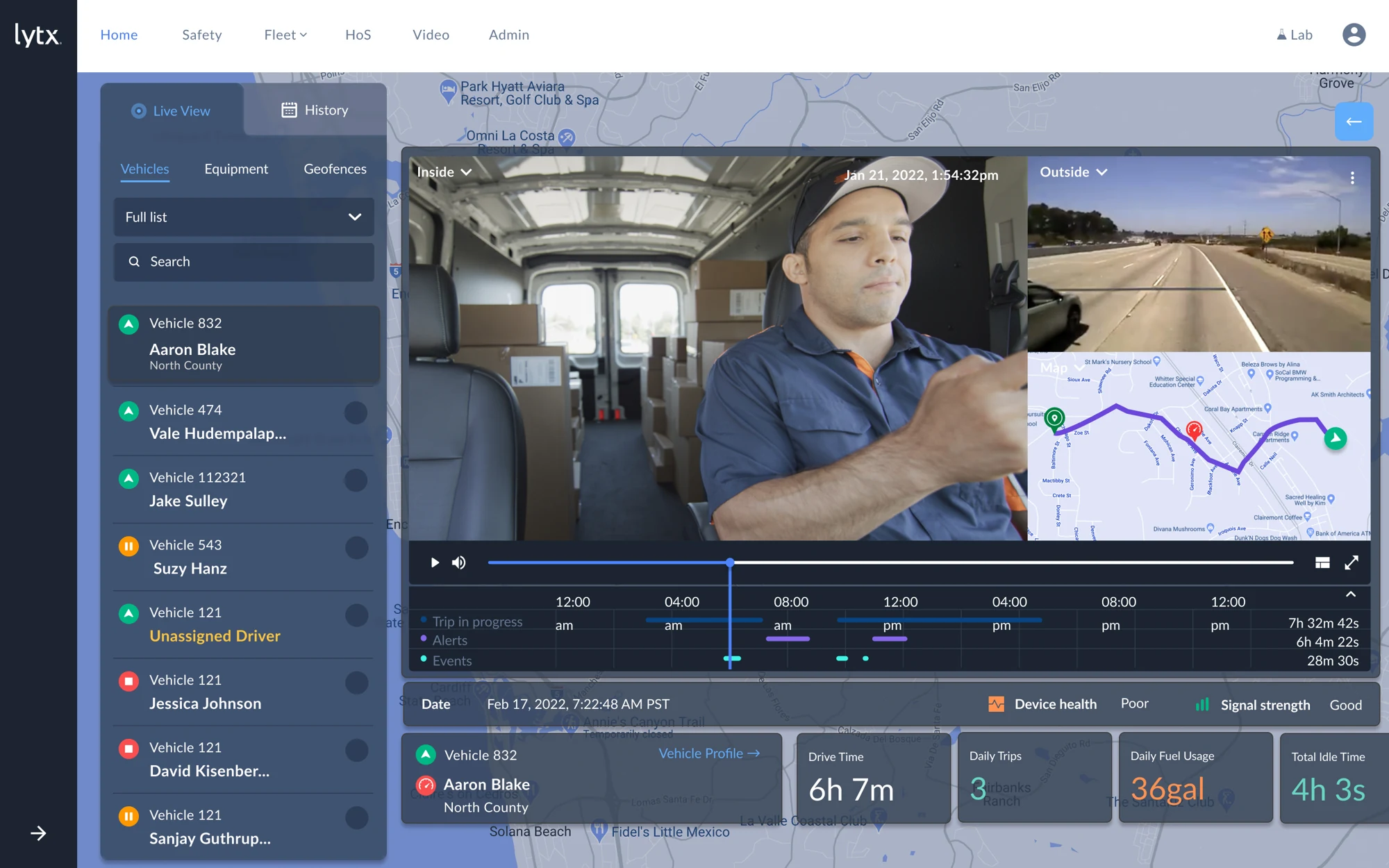 Fleet workspace showing a selected vehicle, inside and outside video, route map, timeline, and trip metrics.