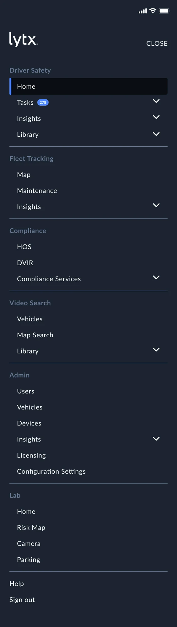 Mobile navigation with expanded product areas and collapsible task groups.