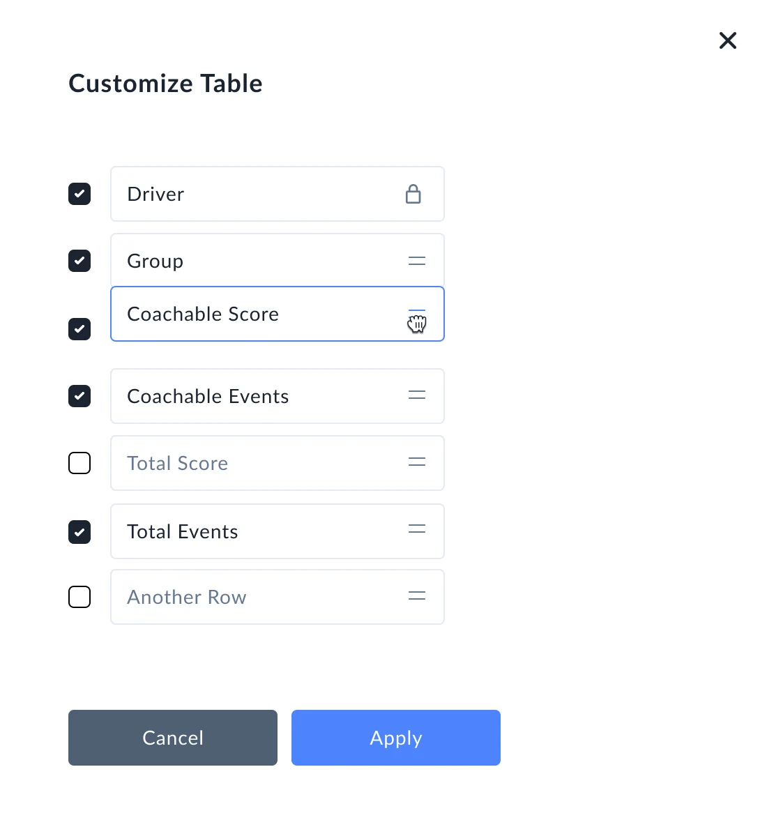 Customize Table panel with checkboxes for fields, drag handles for reordering, and Apply and Cancel actions.