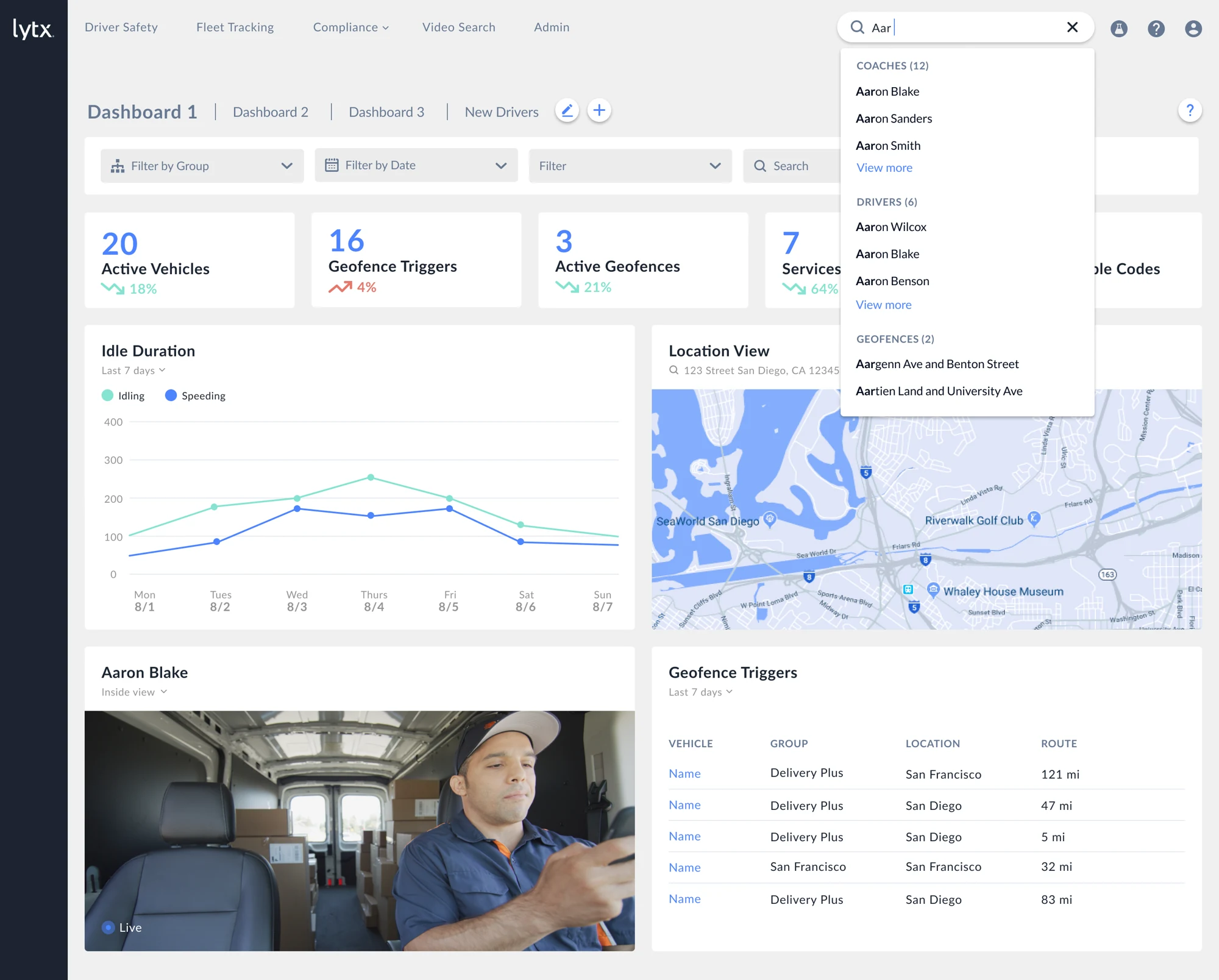 Global search menu grouped into coaches, drivers, and geofences above the dashboard.