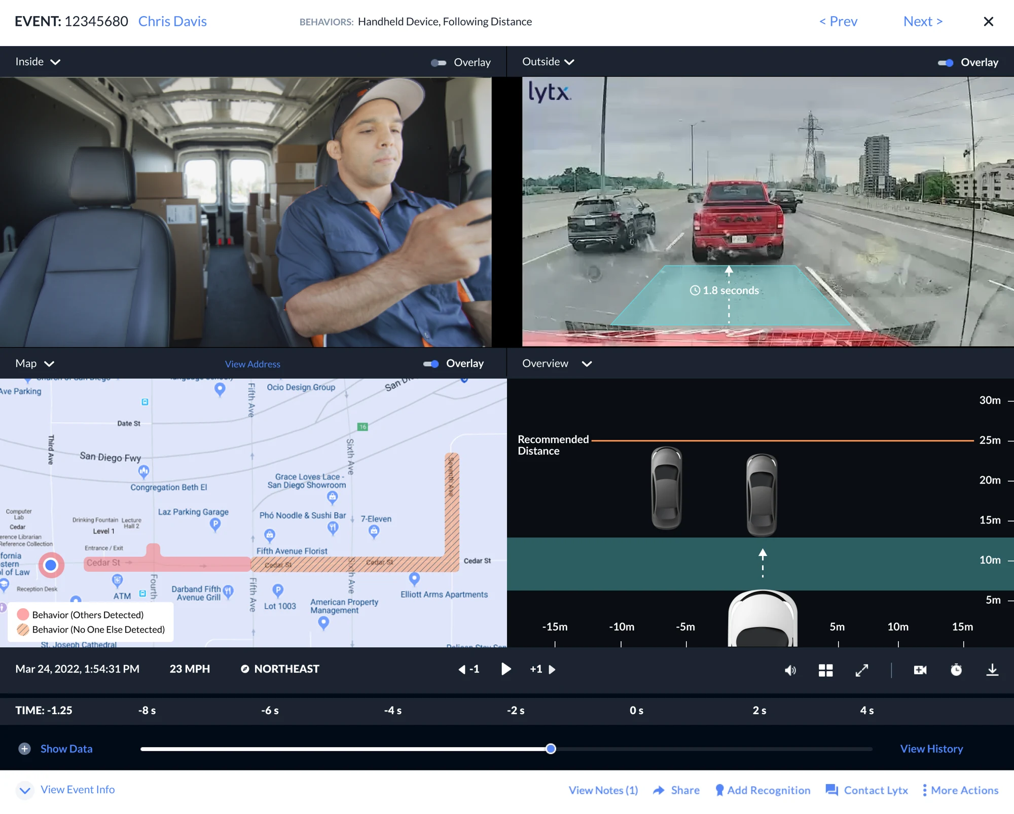 Event review with inside and outside video, a map, and a following-distance visualization.
