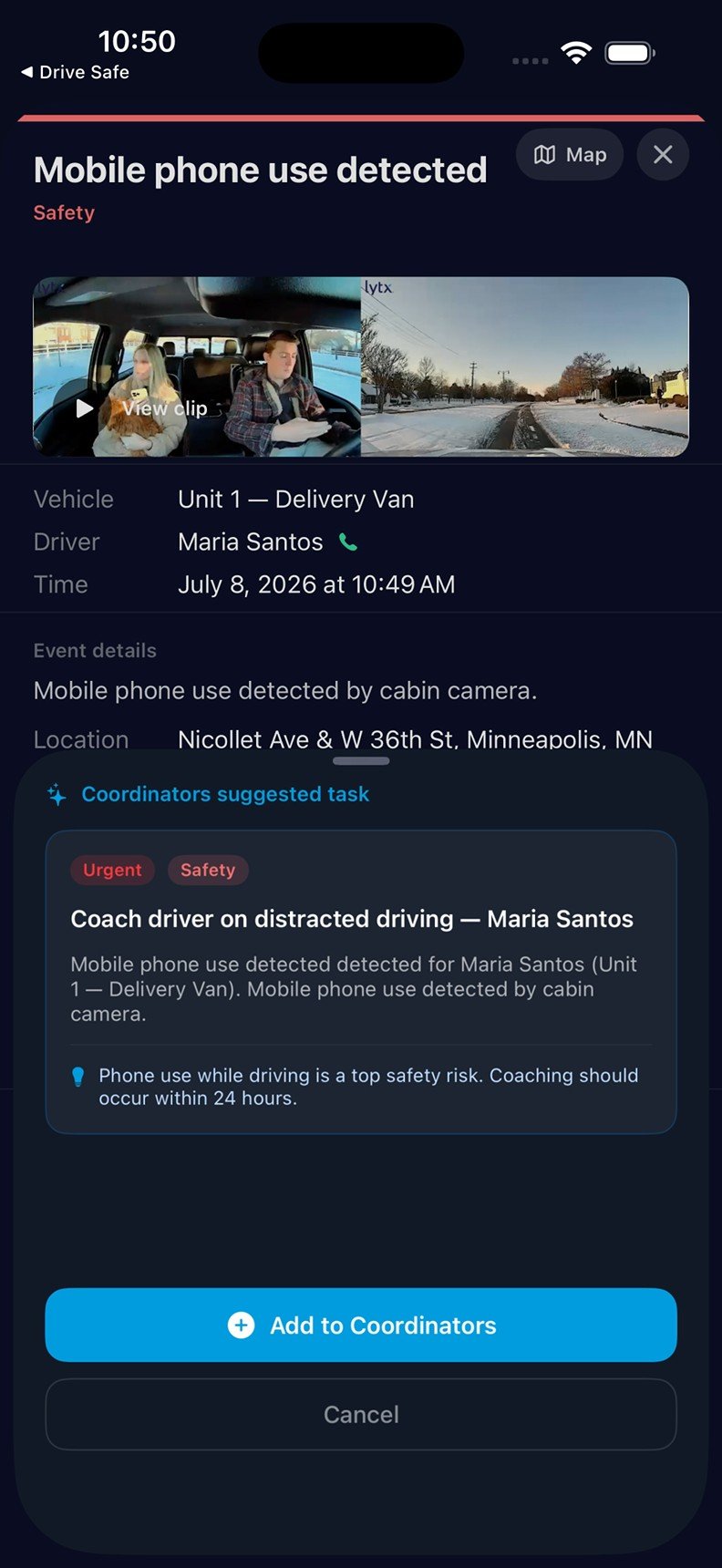 Suggested distracted-driving coaching task with an urgency explanation and an Add to Coordinators button.