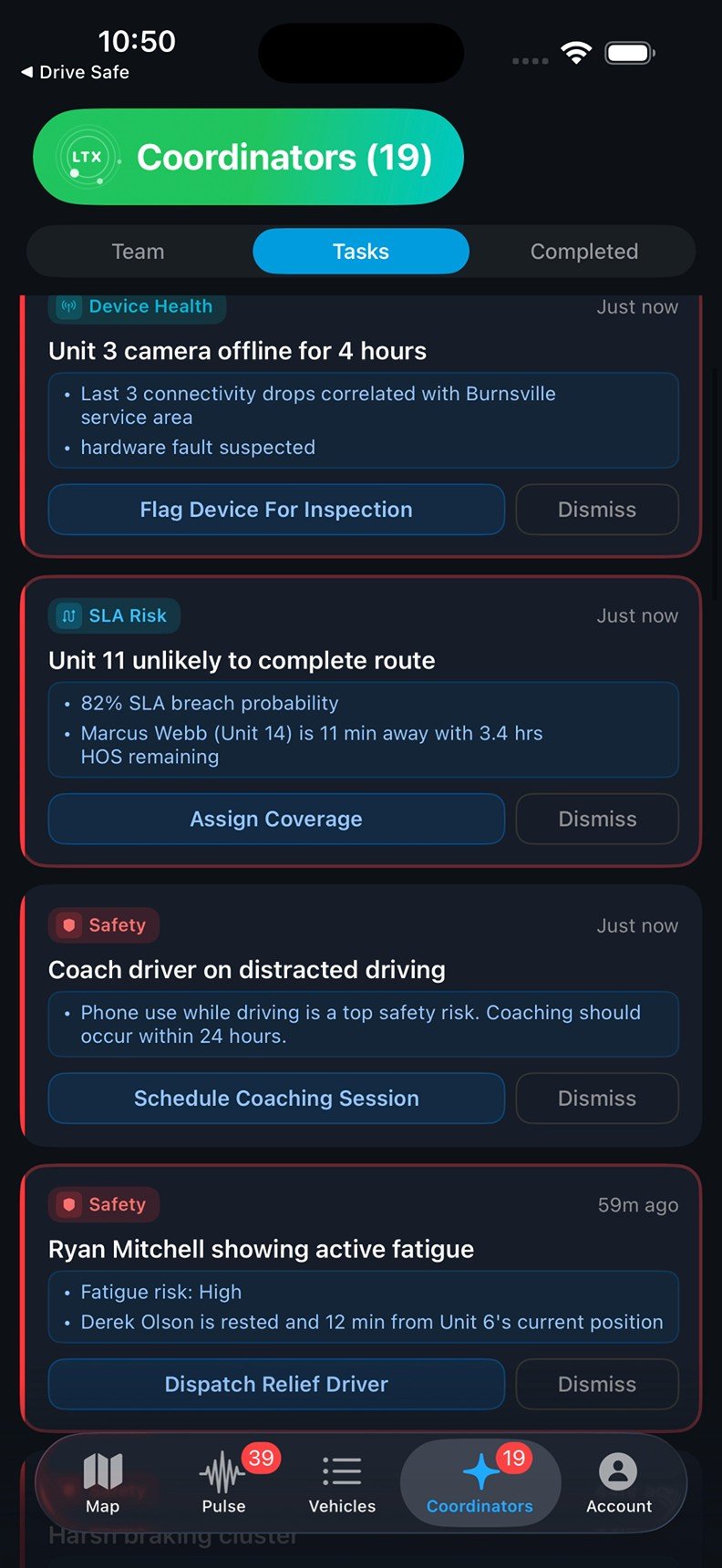 Coordinators task queue showing a distracted-driving coaching task and a Schedule Coaching Session action.